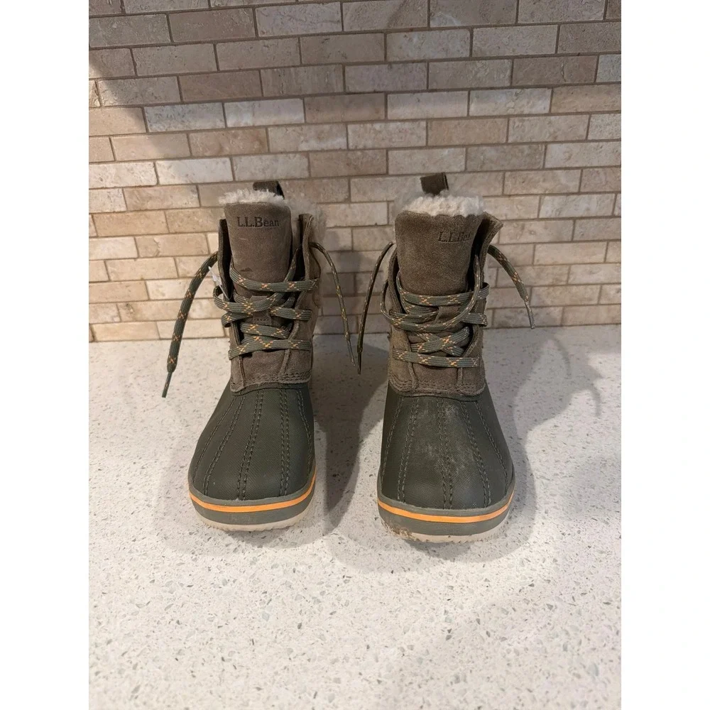 L.L.Bean Kids Size 3 Winter Duck Boots Faux Shearling Lined Brown Green Lace Up
